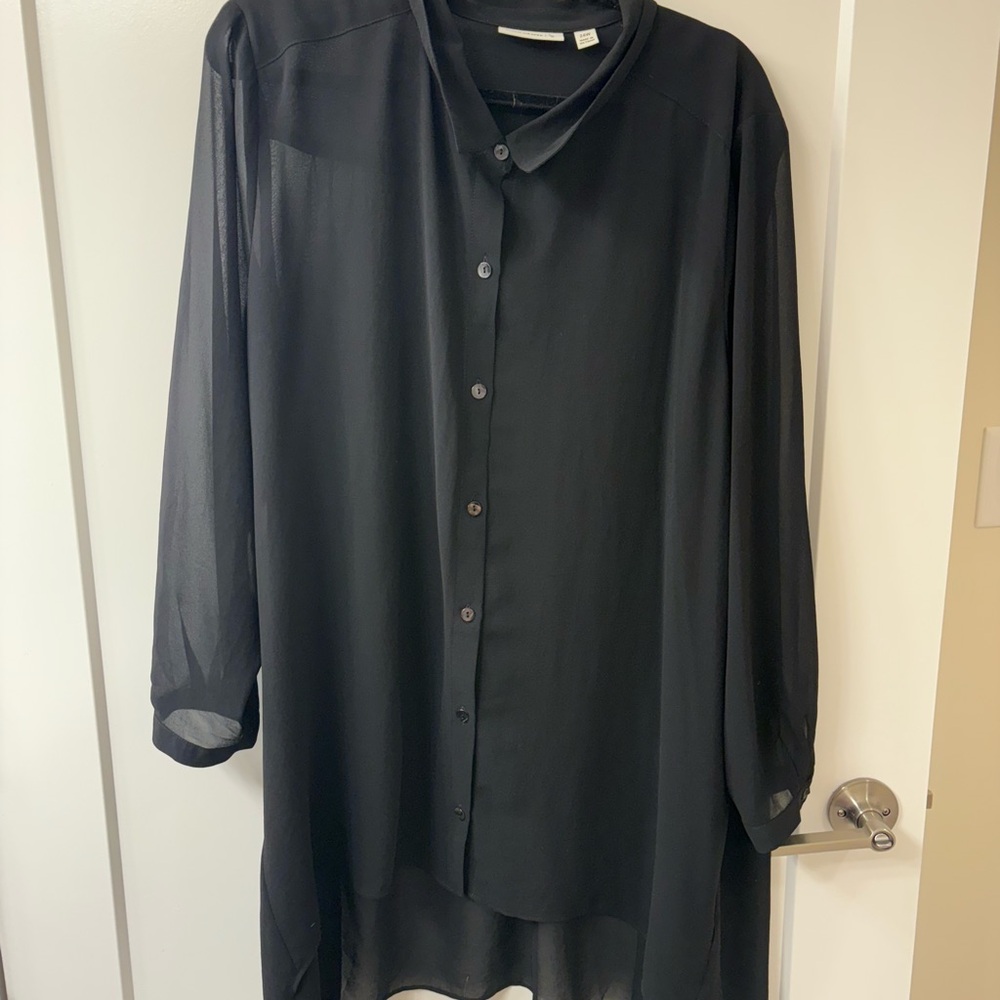 Susan Graver Black Sheer Chiffon Button Front Hi-Low Hem Shirt SZ 24W